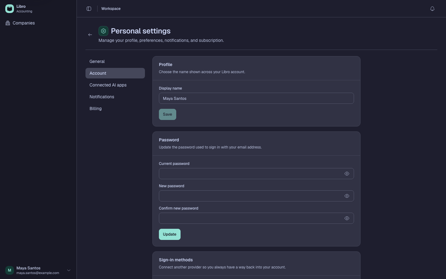 Libro account Security page with password and active-session controls