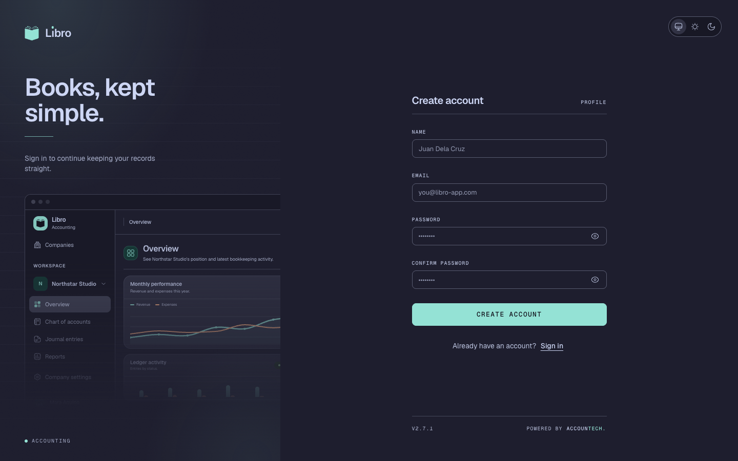 Libro sign-up form showing name, email, password, and confirmation fields