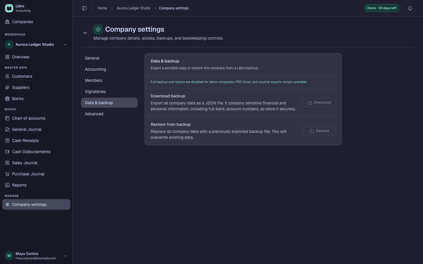 Libro Data and backup settings with backup and restore controls