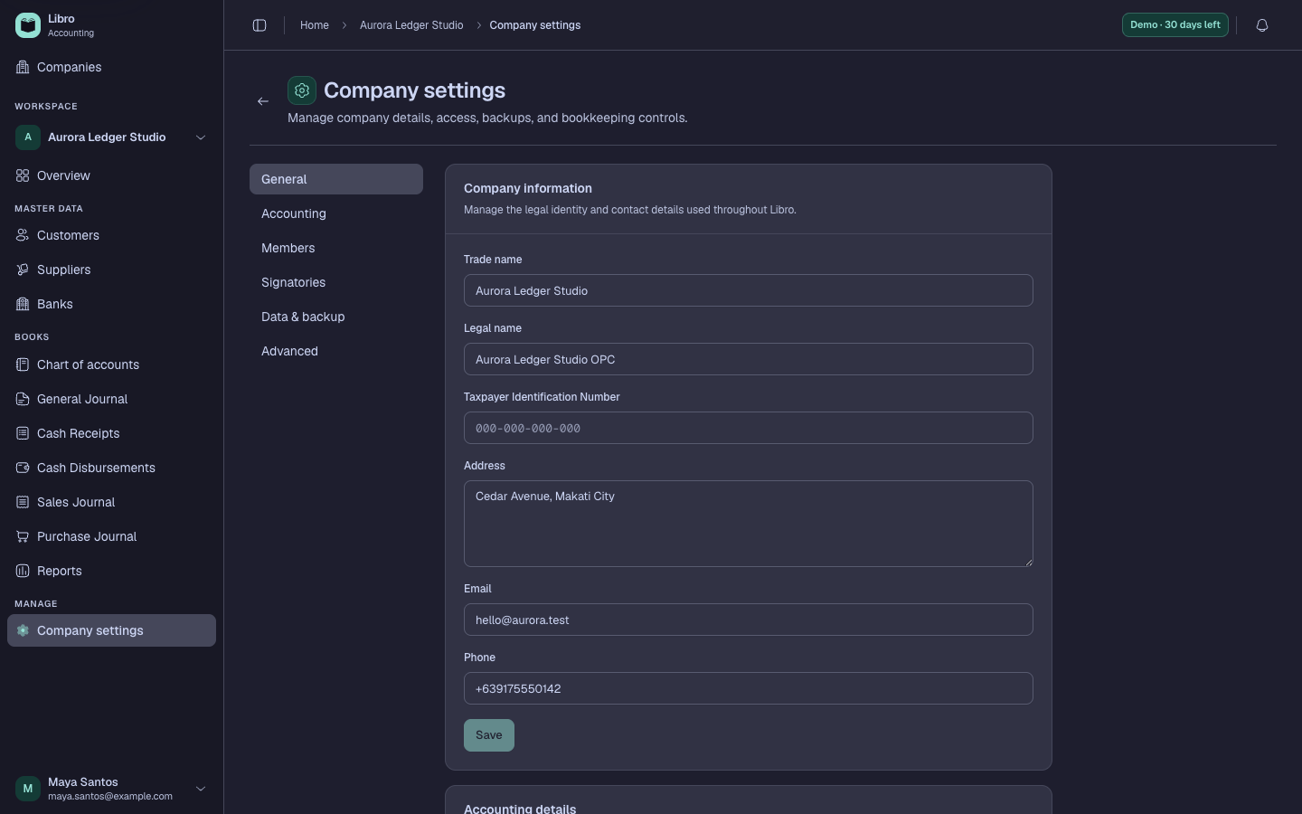 Libro Company settings navigation for identity, accounting, members, and data