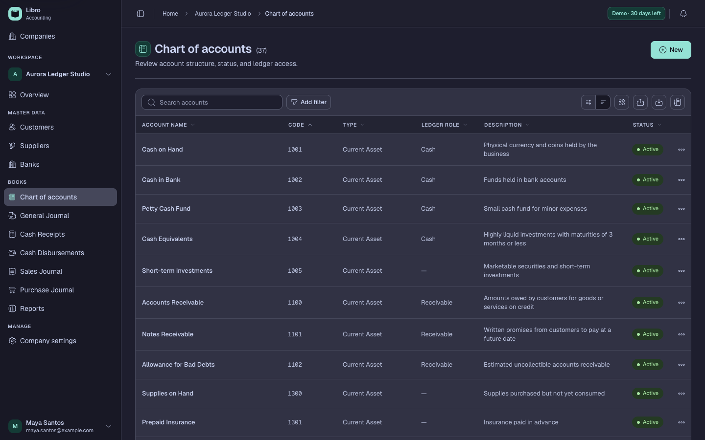 Synthetic chart of accounts in dark mode