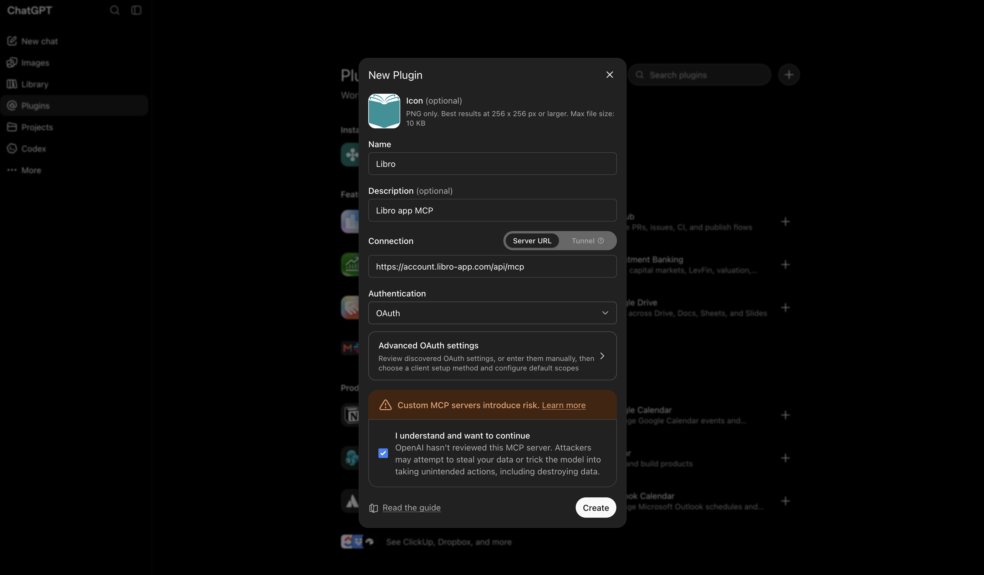 ChatGPT New Plugin form filled with Libro's name, server URL, and OAuth authentication