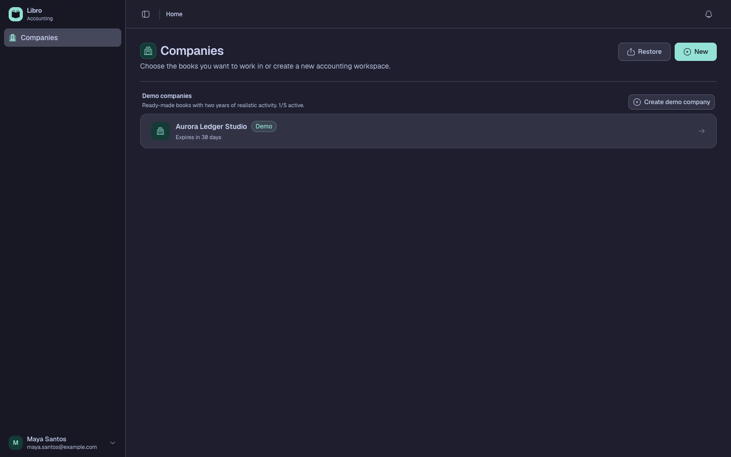 Synthetic company directory in dark mode