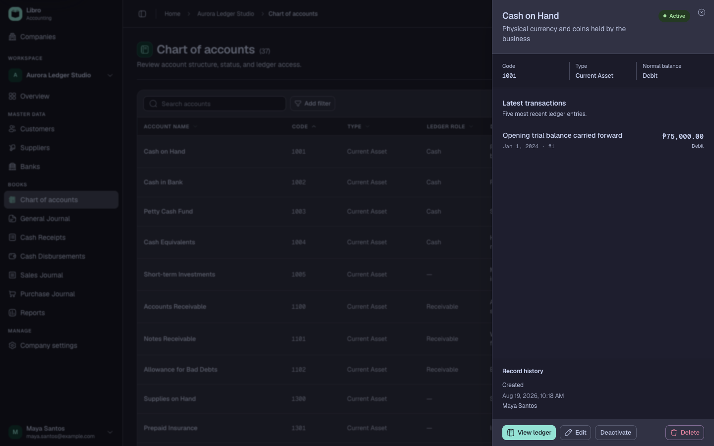 Synthetic account ledger in dark mode