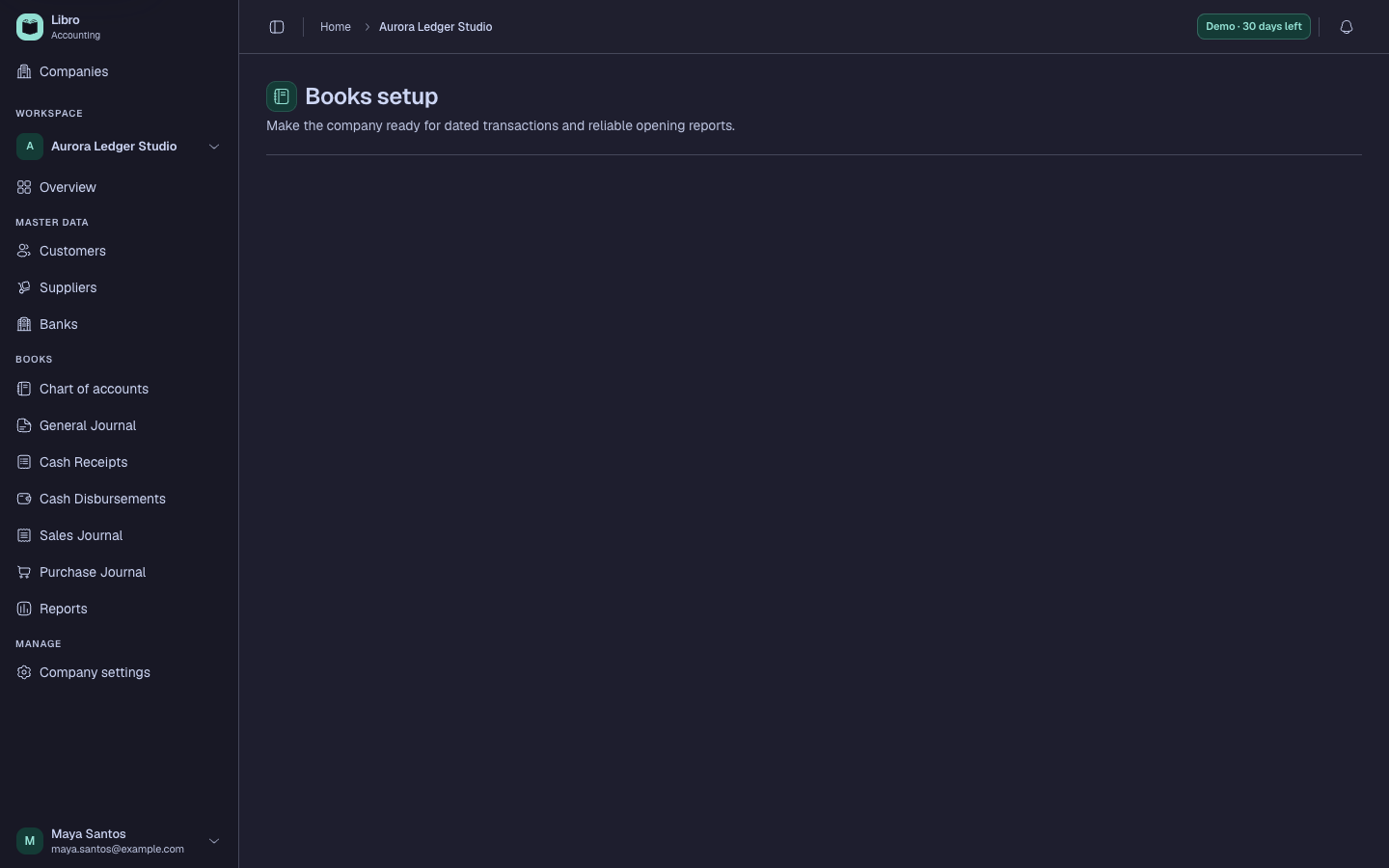 Libro opening-balance workflow showing account and entity balances