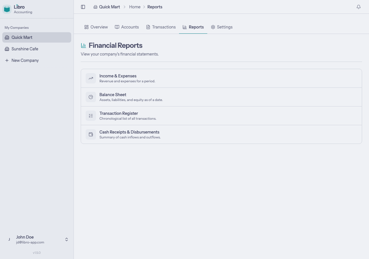 Reports hub (single entry)