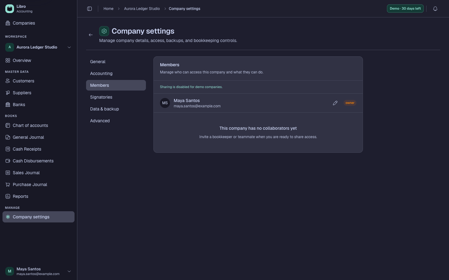 Libro company Members page with roles and invitation status